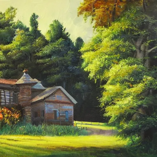 Image similar to house in the countryside on a sunny day, forest, realistic, detailed, peaceful, brush strokes, oil painting