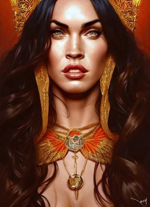 Image similar to portrait of megan fox as a queen, throne, jewelry, greek, orange, intricate, headshot, highly detailed, digital painting, artstation, concept art, sharp focus, cinematic lighting, illustration, art by artgerm and greg rutkowski, alphonse mucha, cgsociety