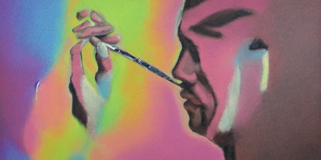 Image similar to pastel abstract painting of a man removing a nail from his third eye