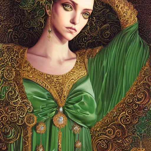 Image similar to a beautiful woman wearing a green and white kaftan made of silk with golden ornaments and diamonds jewelry by alex gray and android jones , Karol Bak, Ayami Kojima, Amano , concept art, character design, fantasy,3D, 8k resolution