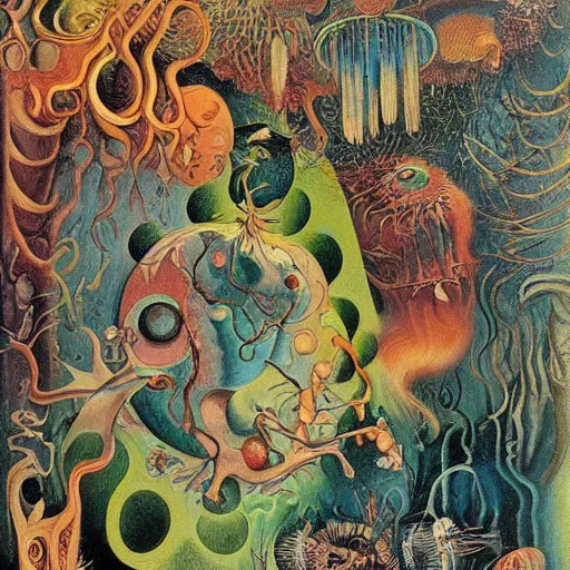 Prompt: whimsical monsters repressed in the depths of the unconcscious, surreal oil painting by Ronny Khalil and Kandinsky, drawn by Ernst Haeckel, as an offering to Zeus