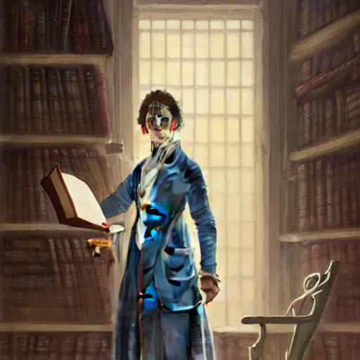 Prompt: a character portrait of a lady doctor in the original form series by margaret ward, year 1 8 0 0, illustration, standing in front of a book!!! shelf!!!, facing the camera, by greg rutkowski