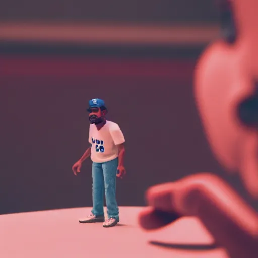 Image similar to a cinematic film still of a claymation stop motion film starring chance the rapper as a college student, shallow depth of field, 8 0 mm, f 1. 8