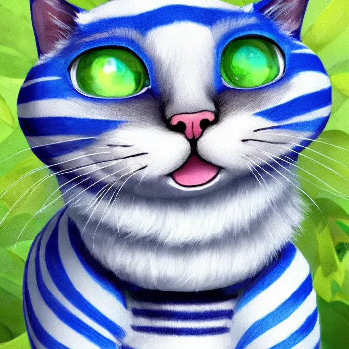 Image similar to cute blue striped cat of cheshire from alice in wonderland. an adorable cat with light blue stripes and a big playful human - like smile. award - winning digital art, trending on artstation