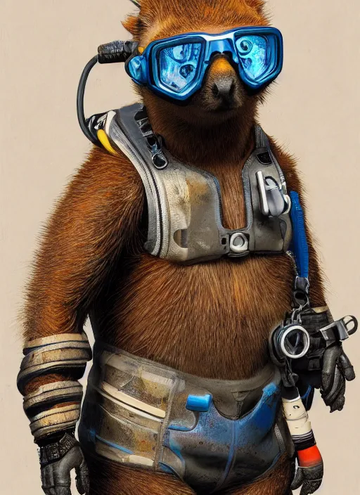 Image similar to detailed full body concept art illustration oil painting of an anthropomorphic capybara scuba-diver in full intricate clothing by Diane Whitehead, biomutant, ultra detailed, digital art, octane render