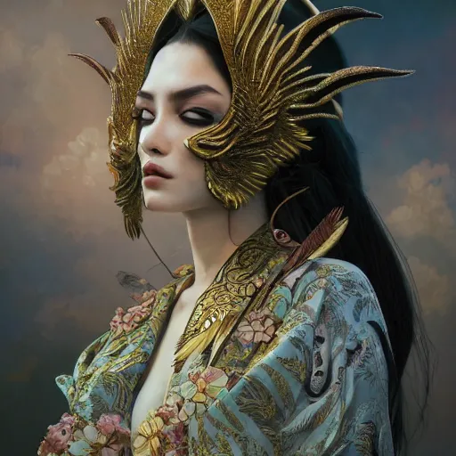 Prompt: a photorealistic dramatic fantasy render of a beautiful woman pelin baynazoglu wearing a beautiful intricately detailed japanese monkey kitsune mask and clasical japanese kimono by wlop, artgerm, greg rutkowski, alphonse mucha, epic, beautiful dynamic dramatic dark moody lighting, shadows, cinematic atmosphere, artstation, concept design art, octane render, 8 k