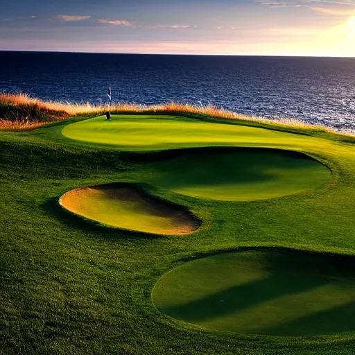 Image similar to a great photo from the teebox of the most amazing golf hole in the words, cliffs by the sea, perfect green fairway, ambient light