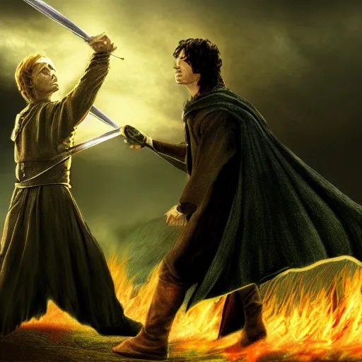 Prompt: sauron killing frodo in lord of the rings, digital art, 4k