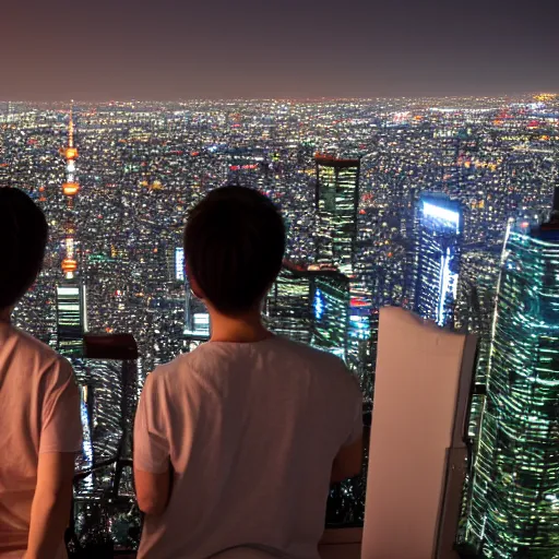 Image similar to two caucasian nerds looking out over the lights of Tokyo, from the perspective of the city, 8k,