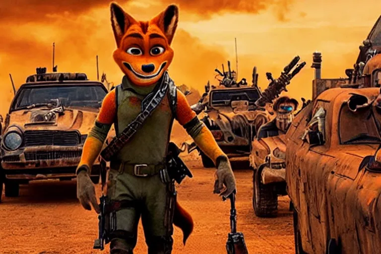 Image similar to nick wilde, heavily armed and armored facing down armageddon in a dark and gritty reboot from the makers of mad max : fury road