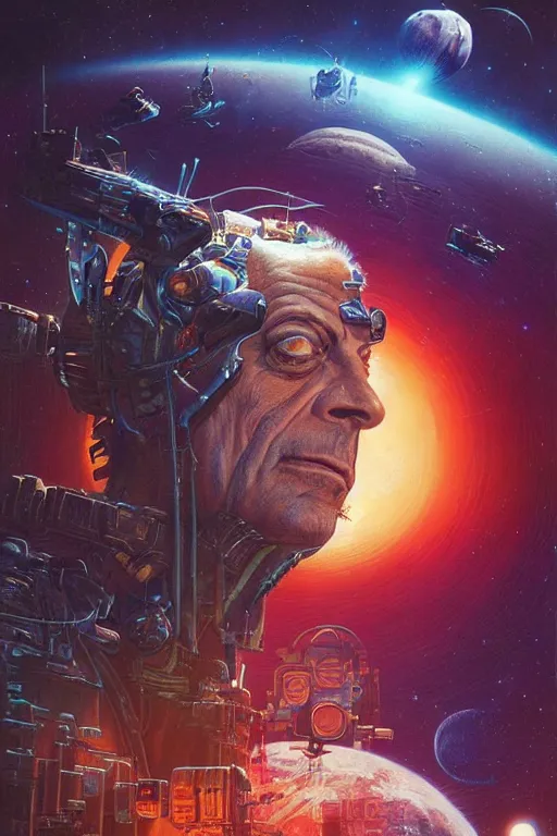 Image similar to Christopher Lloyd is a space pirate, apocalyptic, science fiction, retro cover, high details, intricate details, by vincent di fate, artgerm julie bell beeple, inking, screen print