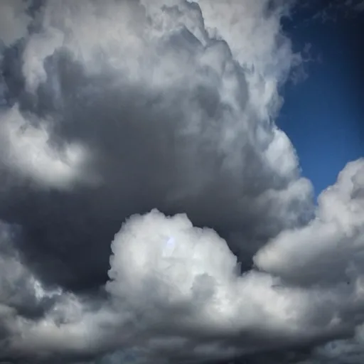 Prompt: the clouds in the sky take the shape of a woman face made of puffy clouds storm photoreal octane grey