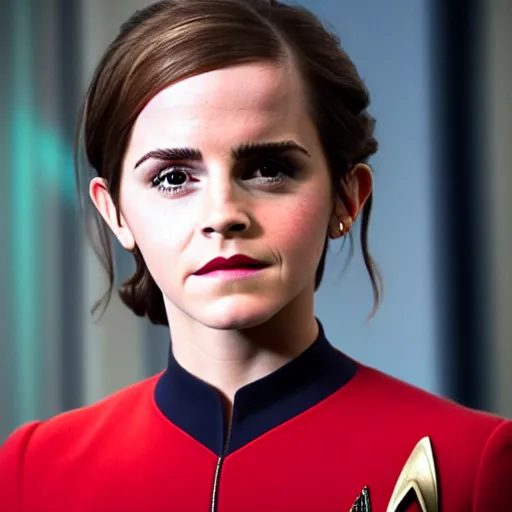 Image similar to Emma Watson in Star Trek, XF IQ4, f/1.4, ISO 200, 1/160s, 8K, Sense of Depth, RAW, Dolby Vision, symmetrical balance, in-frame