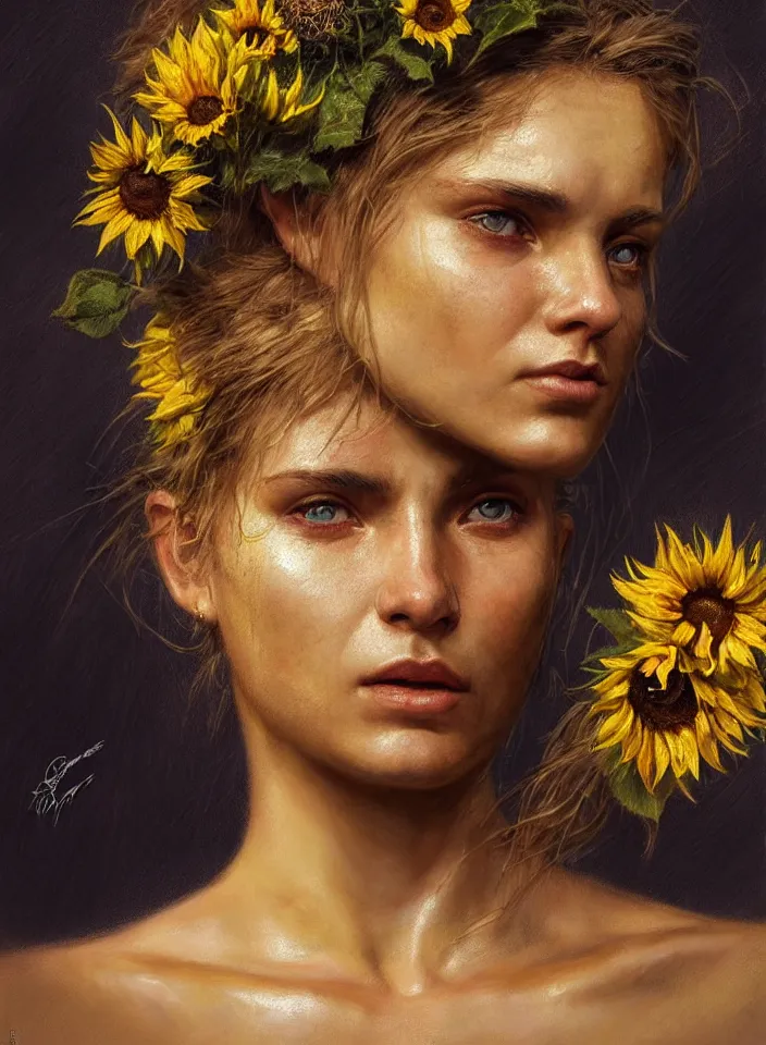 Image similar to close face portrait of a female ukraine soldier with a sunflower in her hair, summer season, moody scene, highly detailed, intricate, sharp details, summer vibe, gorgeous scene by gaston bussiere, craig mullins, somber lighting, drawn by giacomo burattini, inspired by graphic novel cover art, hyperrealistic, 8 k by rhads