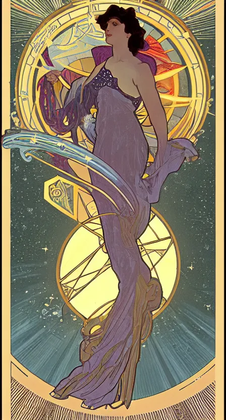 Image similar to a tarot card of a woman pouring water and stars into the earth from space. illustrated in an art deco style by alphonse mucha and an elegant border by tamara de lempika. | studio lighting | digital painting, stunning lighting, trending on artstation