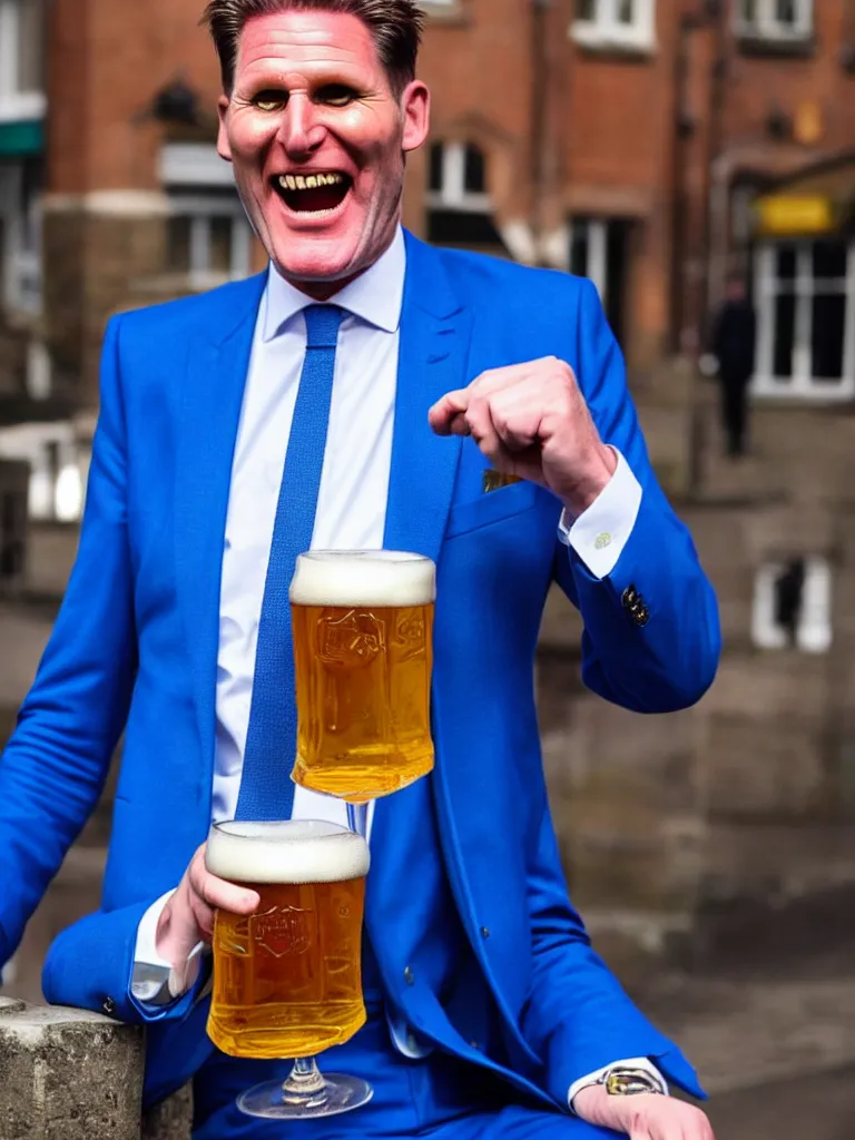 Image similar to Sir Kier Starmer wearing a blue suit laughing and drinking a big pint of lager