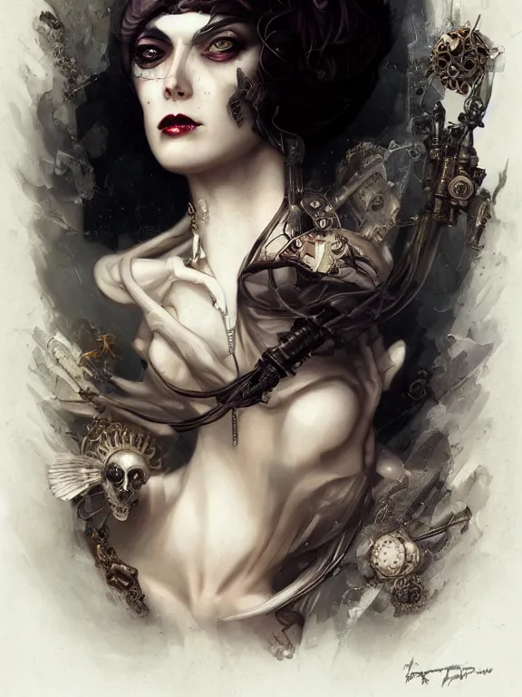 Image similar to a steampunk portrait of a hideous woman with shadowy eyes and bonewhite hair, with black glossy lips, hyperrealistic, award-winning, in the style of Tom Bagshaw, Cedric Peyravernay, Peter Mohrbacher