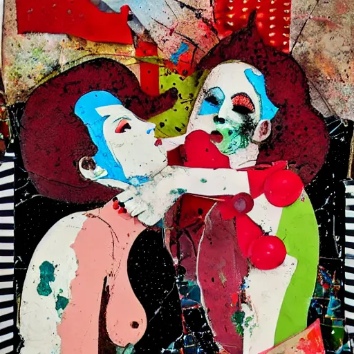 Image similar to two vampire women kissing at a carnival, mixed media collage, retro, paper collage, magazine collage, acrylic paint splatters, bauhaus, abstract claymation, layered paper art, sapphic visual poetry expressing the utmost of desires by jackson pollock