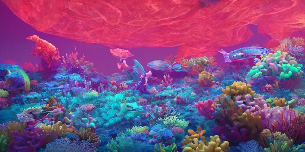 Image similar to majestic neon glowing coral reef, masterpiece painting by fabian jimenez and Jonathan solter, hyper realism, octane render