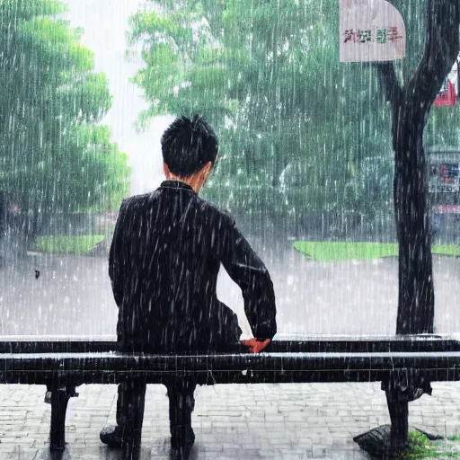 Image similar to A detailed portrait of Hu Tao from the video game Genshin Impact sitting on a park bench in the rain.