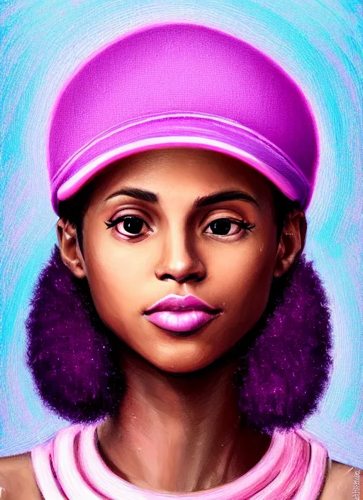 Image similar to portrait of vanessa morgan, black teenage girl, pink hair, wavy pixie haircut, purple newsboy cap, fluffy pink hair coming out from under cap, hoop earrings, subtle confident smile, intricate, elegant, glowing lights, highly detailed, digital painting, artstation, concept art, sharp focus, illustration, art by wlop, mars ravelo and greg rutkowski