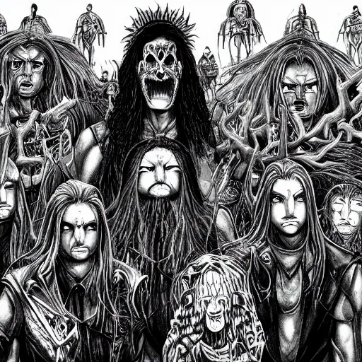 Image similar to Metalocalypse by Kentaro Miura, highly detailed, black and white