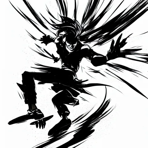 Prompt: a black and white drawing of a man doing a kick, an illustration of by gatoken shunshi, pixiv contest winner, black arts movement, dynamic pose, official art, sabattier effect