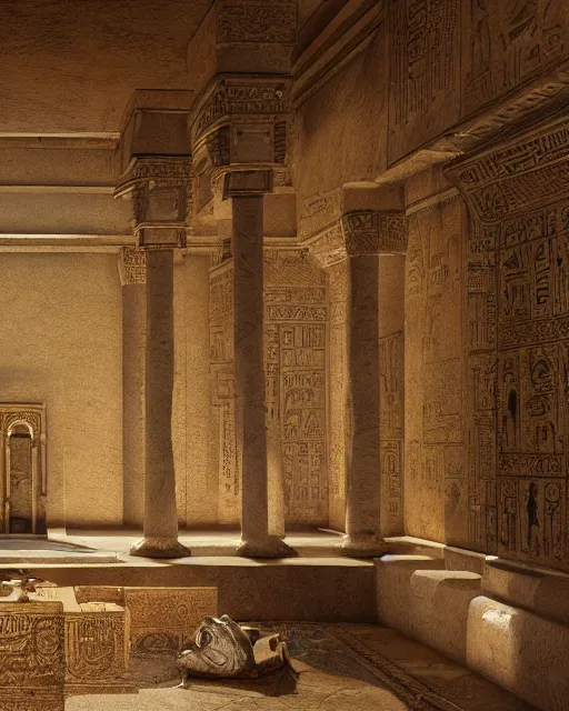 Prompt: greg rutkowski digital painting of an ornate and royal egyptian antechamber tomb, unreal engine, hyper realism, realistic shading, cinematic composition, blender render, octane render, hdr, detailed textures, photorealistic, ultrawide shot, 3 5 mm film