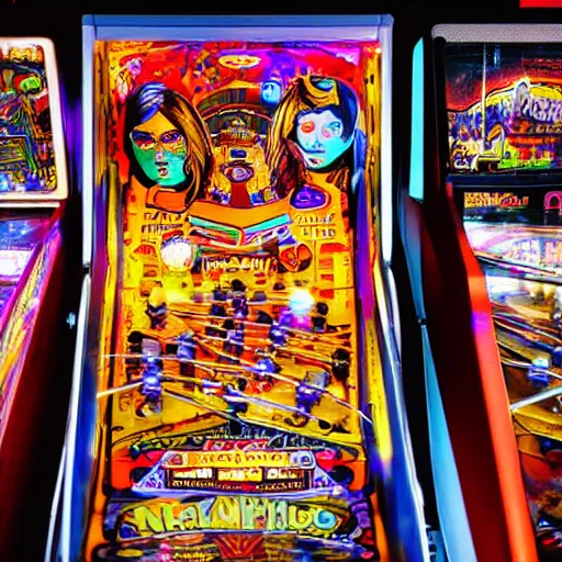 Prompt: pinball machine with human heads instead of the pinball elements, all heads have glasses, machine is glowing, very colourful