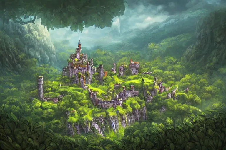 Image similar to cell shaded image of a fantasy single small castle, highly detailed, on lush green hills with a forest in the background, digital illustration, by Tony Sart, by Anato Finnstark