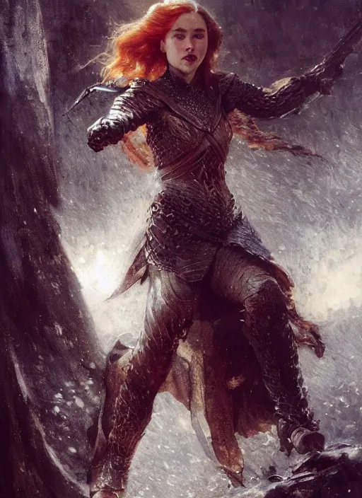 Image similar to mischievous redhead emilia clarke wearing full body dark black medieval armour, detailed, by gaston bussiere, bayard wu, greg rutkowski, giger, maxim verehin, greg rutkowski, masterpiece, sharp focus, cinematic lightning