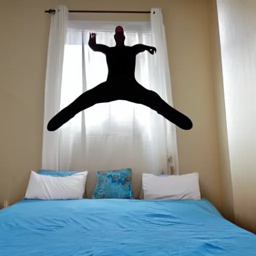 Prompt: a man doing a belly flop on the bed