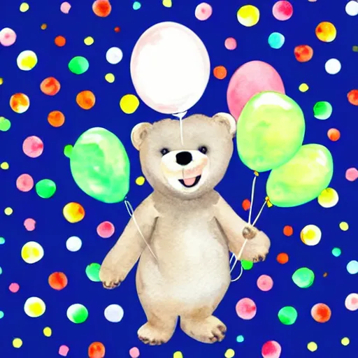 Prompt: watercolor cute animated baby bear holding birthday balloons with colorful dots, white background,