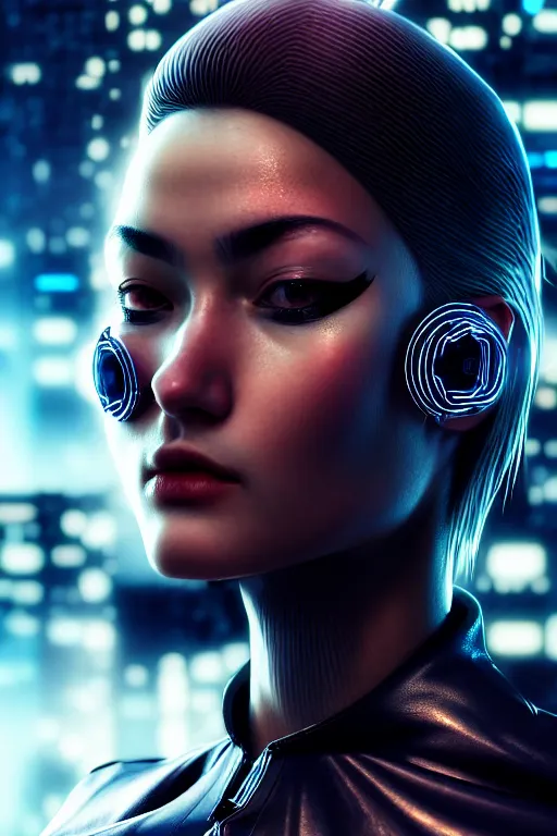 Image similar to hyperdetailed close portrait of a european woman in a leather suit with a pin in a cyberpunk city inspired by ross tran and wlop and masamune shirow and kuvshinov, concept art, intricate, photorealistic, octane render, rtx, hdr, unreal engine, dnd digital art by artgerm