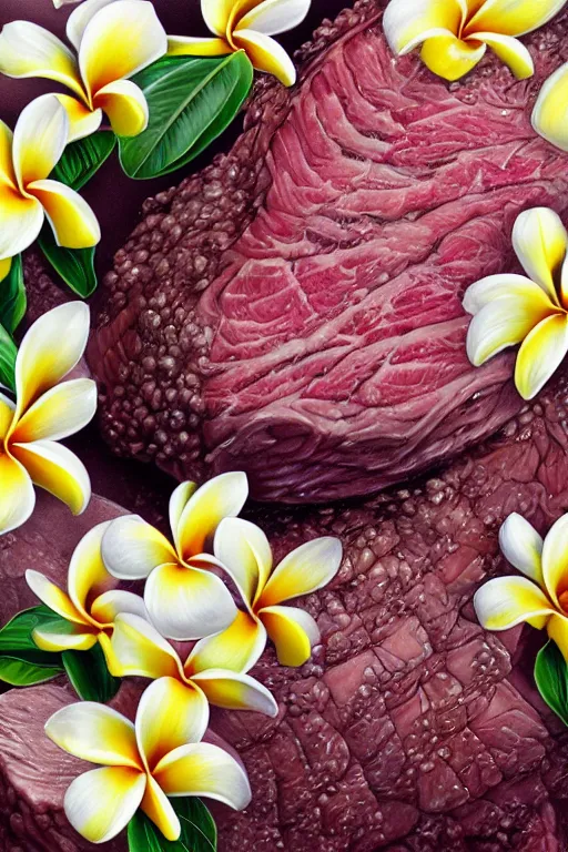 Image similar to ultra realistic illustration, portrait of fatty prime rib, plumeria tropical bouquet background, close up shot, fantasy, intricate, elegant, highly detailed, digital painting, artstation, concept art, smooth, sharp focus, illustration, surrealism