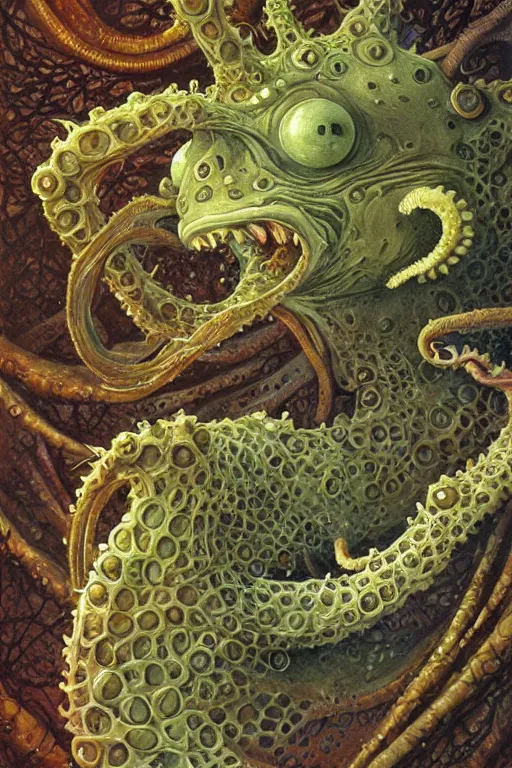 Image similar to eldritch biomechanical axolotl tentacle fish shoggoth, mouths, eyes, masterpiece, intricate, elegant, highly detailed, digital painting, smooth, sharp focus, illustration, art by james gurney, graeme base, brian froud, alan lee