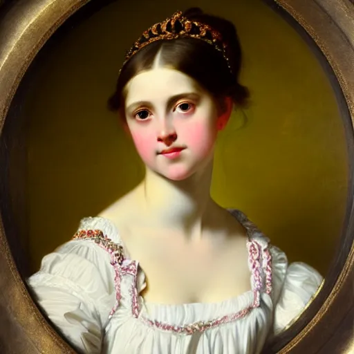 Image similar to portrait of a german teenage princess, circa 1 8 5 0 by franz xaver winterhalter, highly detailed, beautiful, oil on canvas, 1 8 5 0 s, romanticism