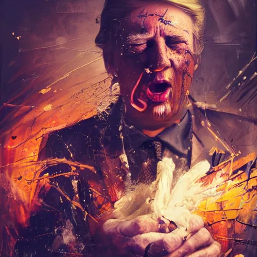 Image similar to Messy Baby Donald Trump covered in chocolate, cyberpunk, surrounded by smoke, award-winning art, hyperrealistic, by Sam Spratt, by Vlad Rodrig﻿u﻿e﻿z, trending on Artstation, dark, dramatic, cinematic, realistic studio lighting, raytracing, 4k, professional, canon