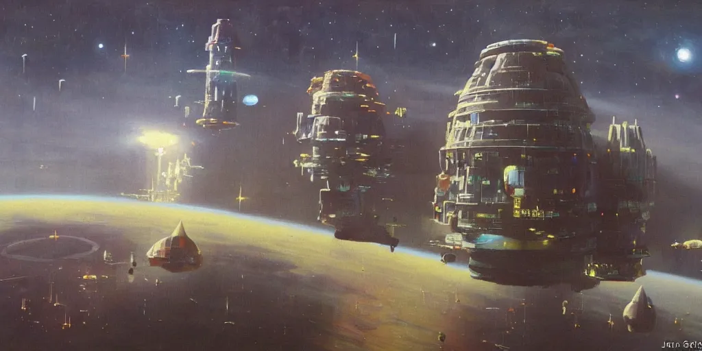 Image similar to a painting of low earth orbit space city by john harris.