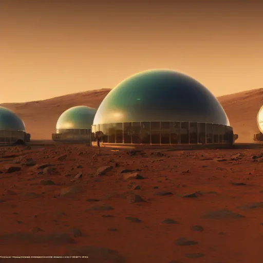 Prompt: glass agriculture domes on the surface of Mars, seen from space, lush crops, Jessica Rossier color scheme, matte painting by Ruan Jia and Syd Mead, featured in artstation, sci-fi, octane render, cinematic, elegant, intricate, 8k, HDR