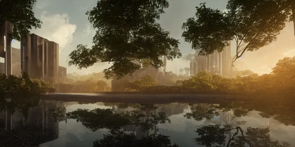 Image similar to an extremely detailed cathedral of brutalist architecture, surrounded by lush green forest, ponds of water, stunning volumetric lighting, sunset, rusted steel, smooth concrete, stunning skies, trending on Artstation, 8k, photorealistic, hyper detailed, unreal engine 5, IMAX quality, cinematic, epic lighting, in the style of Greg Rutkowski