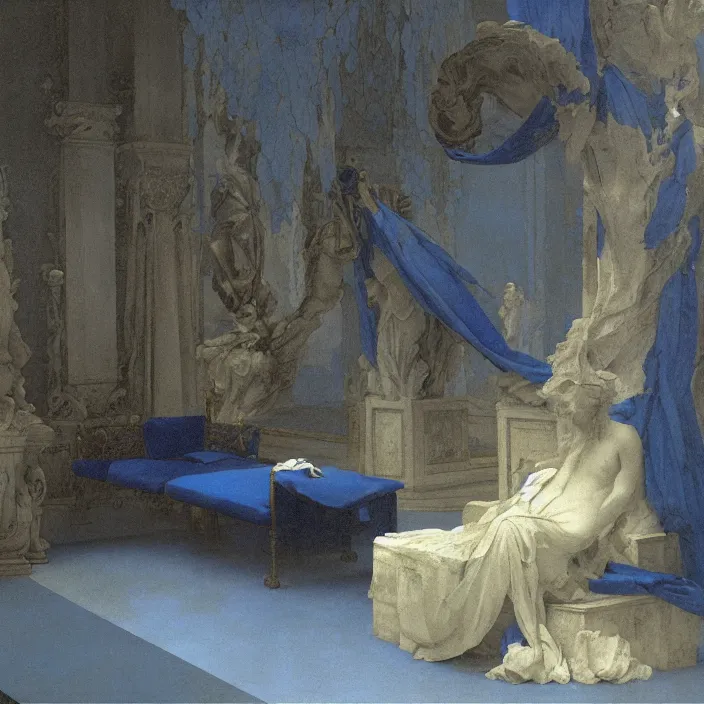 Prompt: gardens of marble draped in flowing sheets of cobalt blue satin, by ivan aivazovsky and syd mead and moebius and vasily perov and roger dean and wojciech siudmak and pieter claesz and paul delaroche and alma tadema and aelbert cuyp and willem claesz, hyperrealistic, volumetric light, render