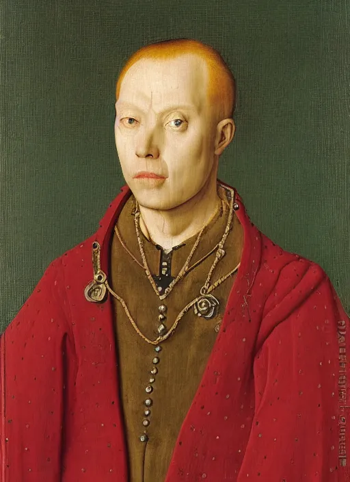 Prompt: a portrait of ED209 by Jan van Eyck