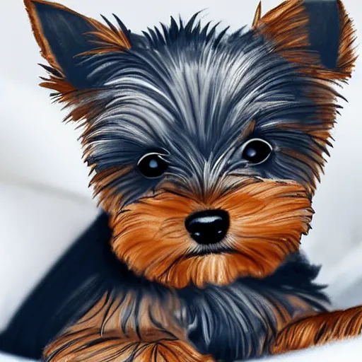 Image similar to digital painting of a cute adorable yorkie puppy asleep on a soft white blanket