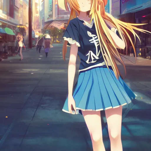 Image similar to a very beautiful anime girl, full body, long golden hair, sky blue eyes, full round face, short smile, mini jeans skirt, cute top, urban setting, cinematic lighting, medium shot, mid-shot, highly detailed, trending on Artstation, Unreal Engine 4k, cinematic wallpaper by Stanley Artgerm Lau, WLOP, Rossdraws, James Jean, Andrei Riabovitchev, Marc Simonetti, and Sakimichan