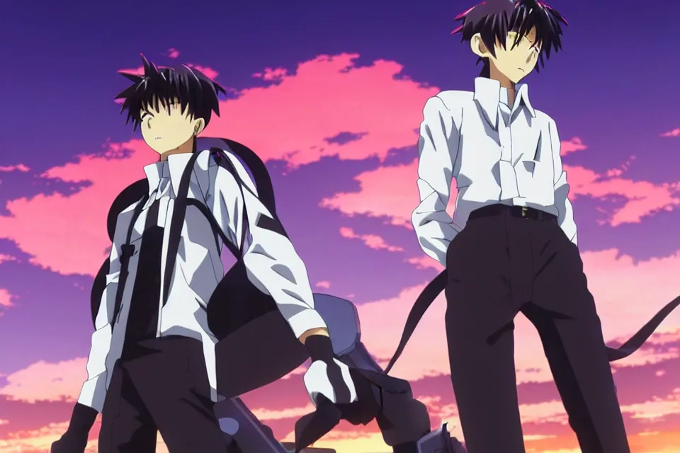 Prompt: anime illustration of ikari shinji wearing a white shirt and black pants and a black huge evangelion eva - 0 1 standing menacingly behind him on an empty highway at sunrise, cinematic lighting, evangelion rebuild anime 1 0 8 0 p, 9 0 s anime aesthetic, volumetric lights, rule of thirds, unreal engine render, pinterest wallpaper, trending on artstation