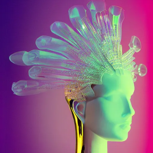 Prompt: an ultra high definition professional studio quality photograph of a transparent iridescent perspex pastel coloured ornate head dress on a white coat hook in an empty white room. dramatic lighting, ray tracing, refraction, shallow d. o. f, colour corrected, golden ratio, three point light. volumetric shadows..