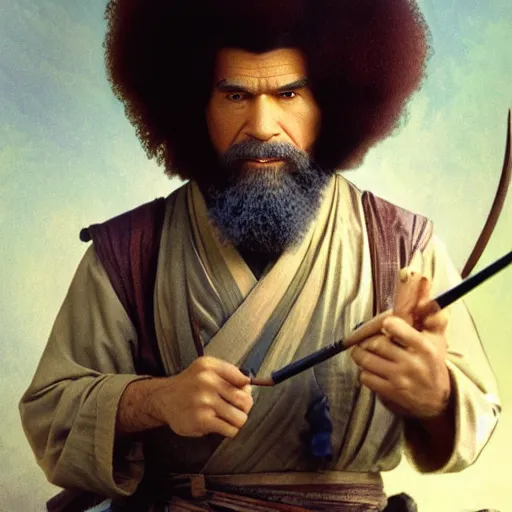Prompt: an ultra detailed matte painting of bob ross smoking a pipe and dressed as a wandering ronin samurai, d & d, epic fantasy, concept art by alphonse mucha and greg rutkowski, octane render, 8 k, detailed face
