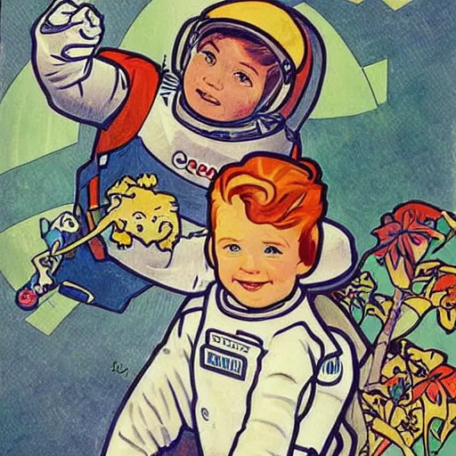 Image similar to a cute little boy with a mischievous face and short ginger hair. he is dressed as an astronaut. well composed, clean elegant painting, beautiful detailed face. comic book art by steve ditko and jack kirby and ( alphonse mucha )