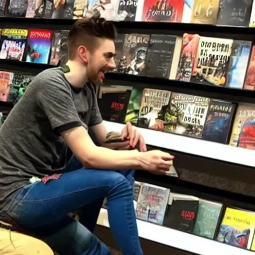 Prompt: jacksepticeye wearing blue jeans playing a video game in a bookstore